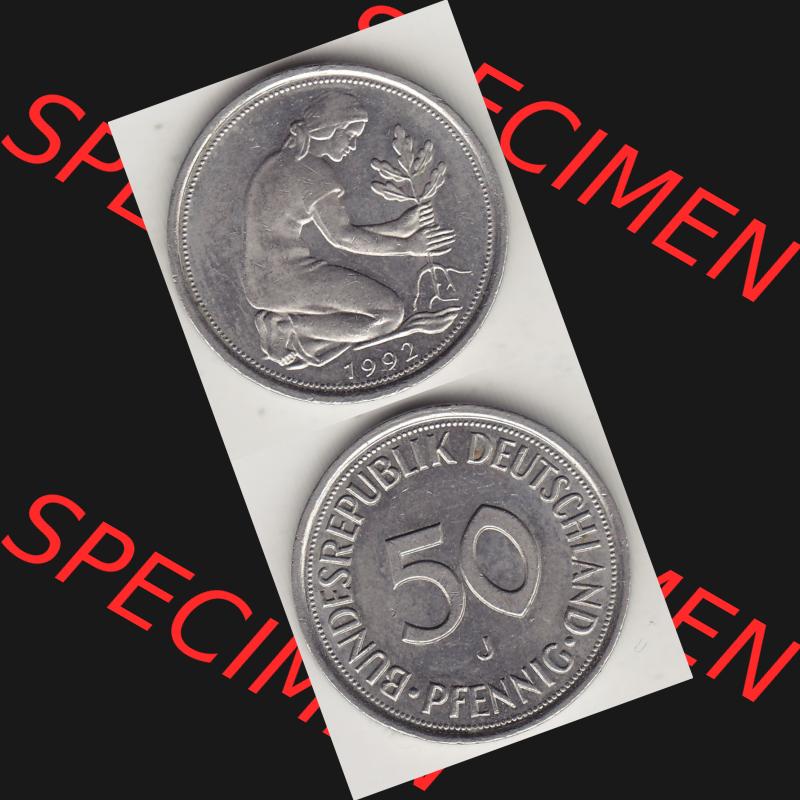 BRD Münzen 50 Pf. Umlaufmünze 1950-2001, 50 Pfennig 1992 J-1. Vorderseite und Rückseite auf einen Bild / Foto vertikal untereinander zusammengefügt, zum... Sammlung