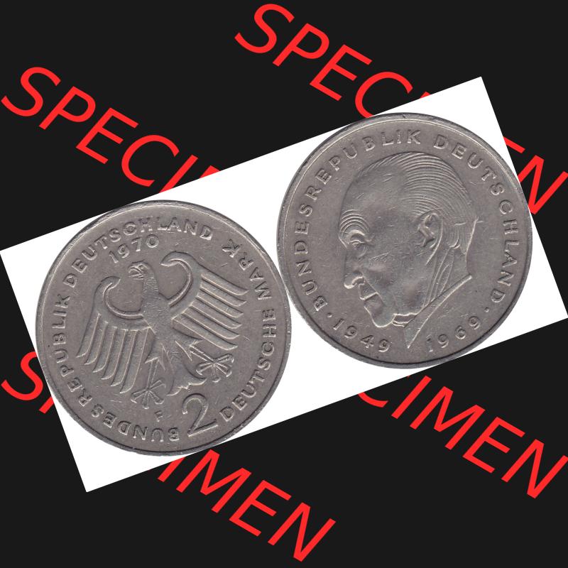 BRD Münzen 2 DM, Gedenkmünze 1969-1987, 2 DM, Deutsche Mark Münze mit Konrad Adenauer aus Deutschland 1970 F-1. Vorderseite und Rückseite mit Wert-Zahl einer... Sammlung