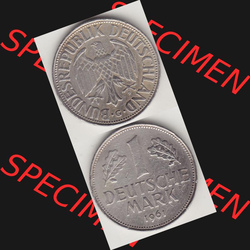 BRD Münzen 1 Deutsche Mark, Umlaufmünze 1950-2001, 1 DM Deutsche Mark, 1961 G-1. Münzen-Rückseite und Münzen-Vorderseite vertikal untereinander als Vollansicht... Sammlung