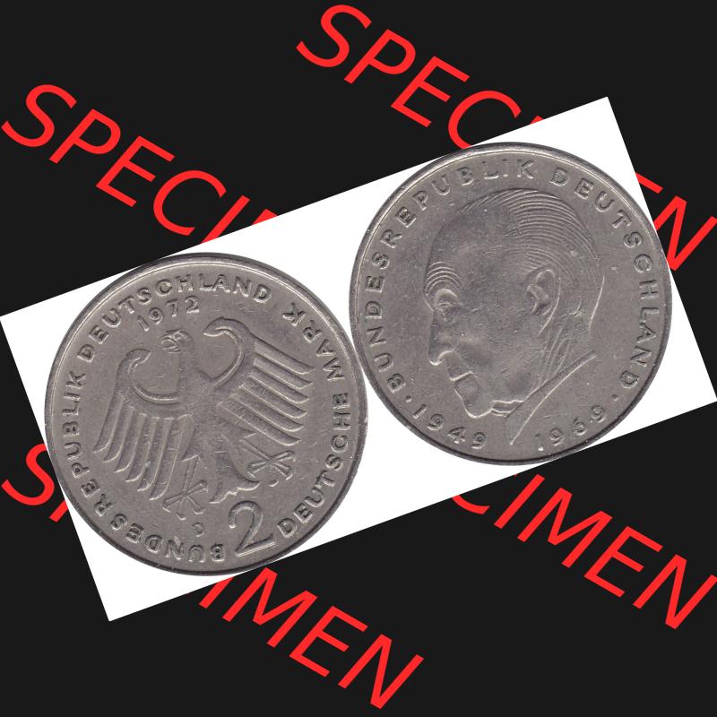 BRD Münzen 2 DM, Gedenkmünze 1969-1987, 2 DM, Deutsche Mark Münze mit Konrad Adenauer aus Deutschland 1972 D-1. Vorderseite und Rückseite mit Wert-Zahl von... Sammlung