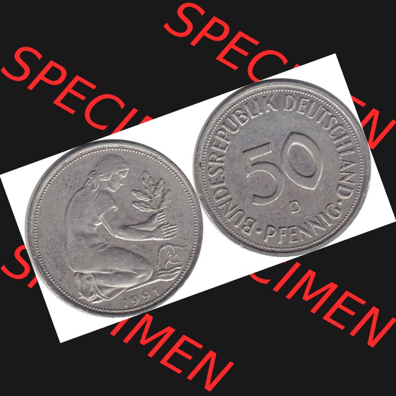 BRD Münzen 50 Pf. Umlaufmünze 1950-2001, 50 Pfennig BRD Deutschland 1991 München mit Mzz. D-1. Vorderseite und Rückseite mit Wert-Zahl einer 50 Pfennig Münze... Sammlung