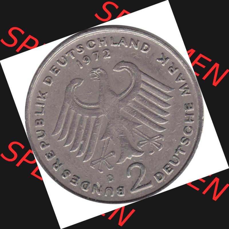 BRD Münzen 2 DM, Gedenkmünze 1969-1987, 2 DM, Deutsche Mark Münze mit Konrad Adenauer aus Deutschland 1972 D-1. Vorderseite einer Deutschen Münze der BRD,... Sammlung