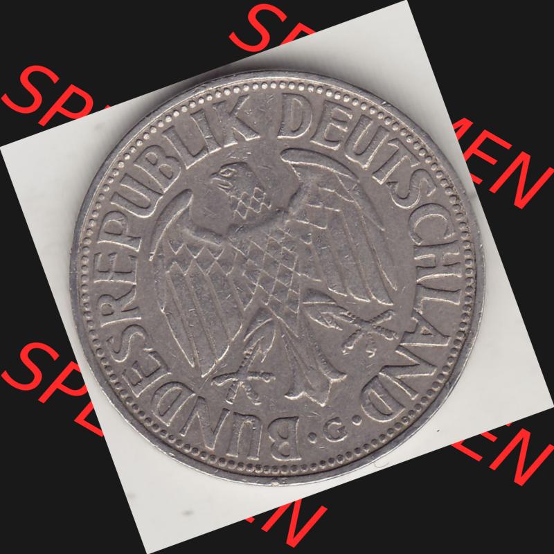 BRD Münzen 1 Deutsche Mark, Umlaufmünze 1950-2001, 1 DM Deutsche Mark, 1954 G-4. Vorderseite einer 1 DM, 1 Deutsche Mark G, Mzz. G für Karlsruhe... Sammlung