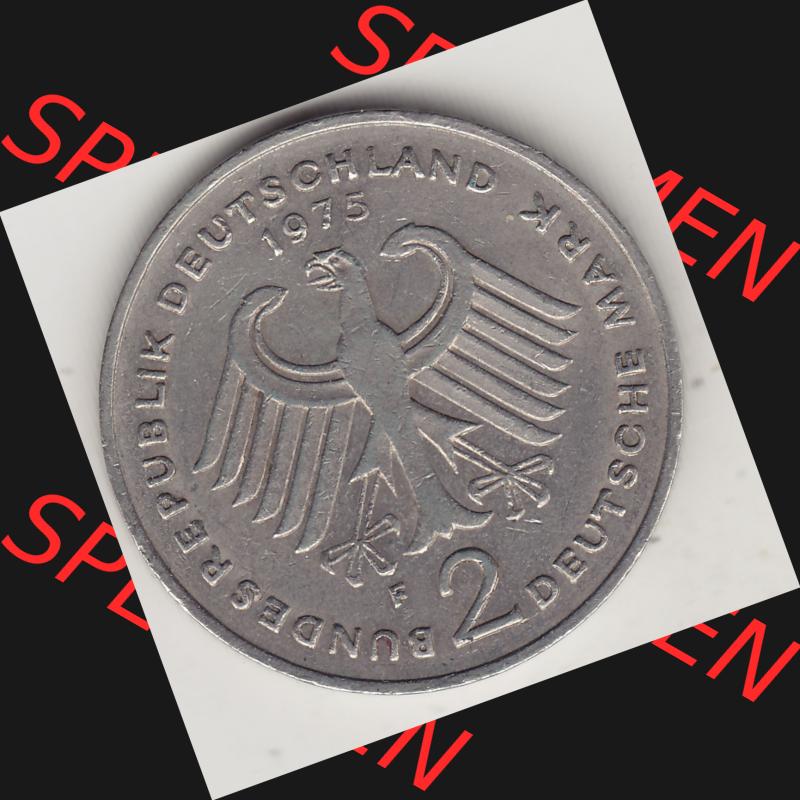 BRD Münzen 2 DM, Gedenkmünze 1969-1987, 2 DM, Deutsche Mark Konrad Adenauer 1975 F-1. Vorderseite einer 2 DM, 2 Deutsche Mark F Gedenkmünze, Mzz.... Sammlung