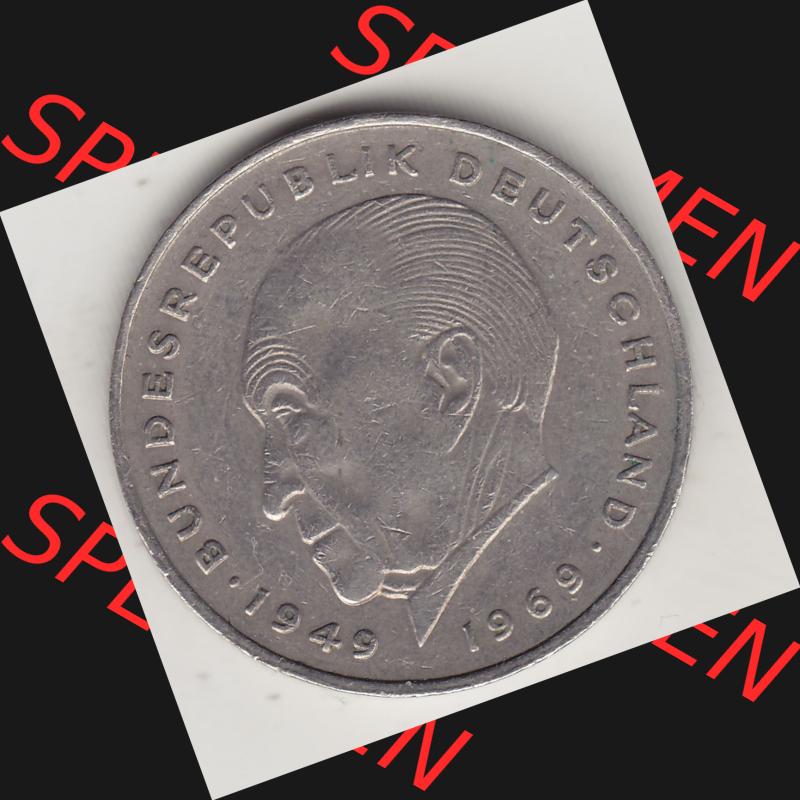BRD Münzen 2 DM, Gedenkmünze 1969-1987, 2 DM, Deutsche Mark Konrad Adenauer 1973 F-1. Rückseite einer 2 DM, 2 Deutsche Mark F Gedenkmünze, Mzz.... Sammlung