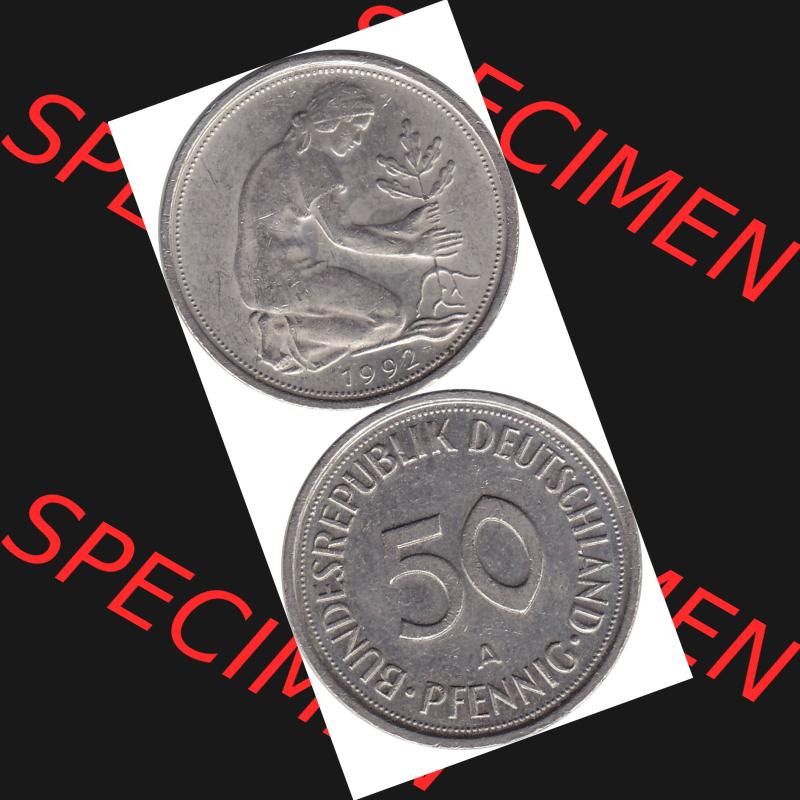 BRD Münzen 50 Pf. Umlaufmünze 1990-2001, 50 Pfennig BRD Deutschland 1992 A-1. Vorderseite und Rückseite mit Wert-Zahl eine 50 Pfennig Münze der ehemaligen DM-Währung... Sammlung