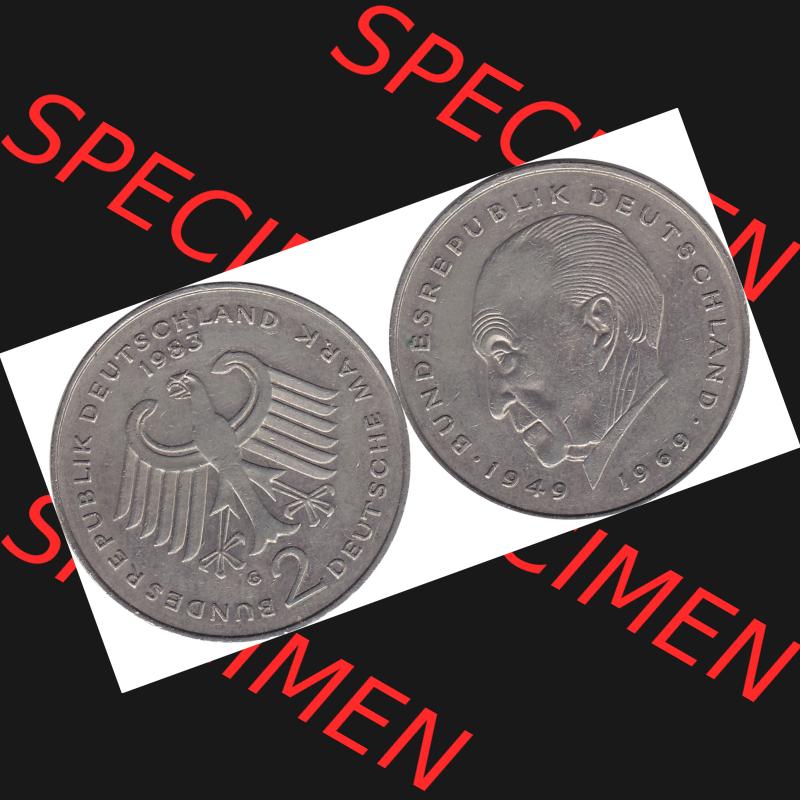 BRD Münzen 2 DM, Gedenkmünze 1969-1987, 2 DM, Deutsche Mark Münze mit Konrad Adenauer aus Deutschland 1983 G-1. Vorderseite und Rückseite mit Wert-Zahl einer... Sammlung