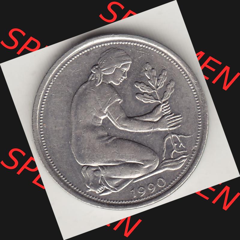 BRD Münzen 50 Pf. Umlaufmünze 1950-2001, 50 Pfennig BRD Deutschland 1990 G-1. Vorderseite der digitalisierte 50 Pfennig G, mit Mzz. G für Münzstätte... Sammlung