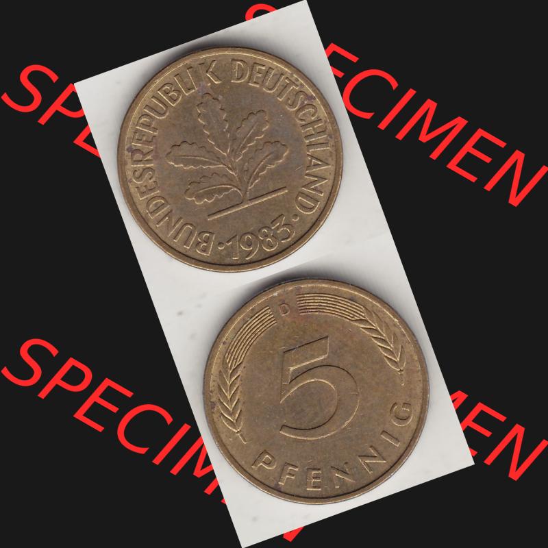 BRD Münzen 5 Pf., Umlaufmünze 1950-2001, 5 Pfennig, 1983 D-1. Vorderseite und Rückseite vertikal untereinander zusammen auf einen Bild / Foto für... Sammlung