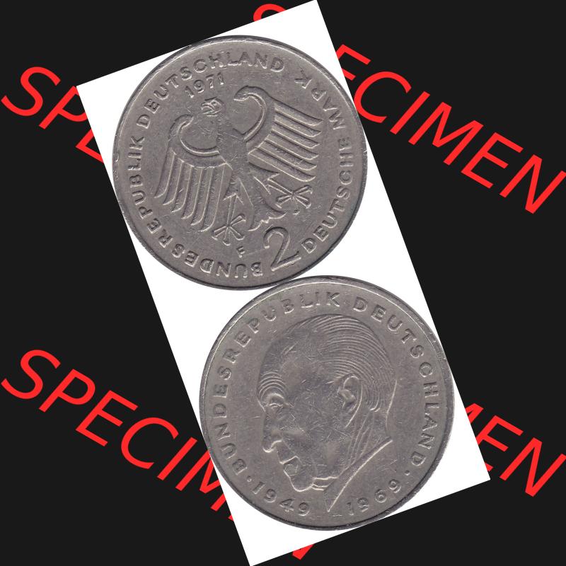 BRD Münzen 2 DM, Gedenkmünze 1969-1987, 2 DM, Deutsche Mark Münze mit Konrad Adenauer aus Deutschland 1971 F-1. Vorderseite und Rückseite mit Wert-Zahl eine... Sammlung