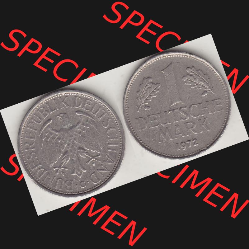 BRD Münzen 1 Deutsche Mark, Umlaufmünze 1950-2001, 1 DM Deutsche Mark, 1972 G-2. Münzen-Rückseite und Münzen-Vorderseite als Vollansicht einer 1 DM,... Sammlung