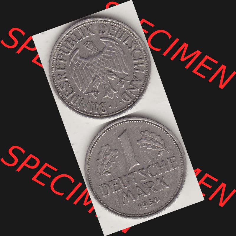 BRD Münzen 1 Deutsche Mark, Umlaufmünze 1950-2001, 1 DM Deutsche Mark, 1950 J-7. Münzen-Rückseite und Münzen-Vorderseite vertikal untereinander als Vollansicht... Sammlung
