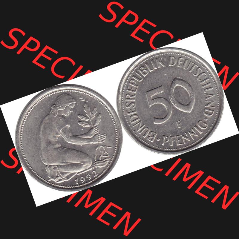 BRD Münzen 50 Pf. Umlaufmünze 1950-2001, 50 Pfennig BRD Deutschland 1992 Stuttgart Mzz. F-1. Vorderseite und Rückseite mit Wert-Zahl einer 50 Pfennig Münze... Sammlung