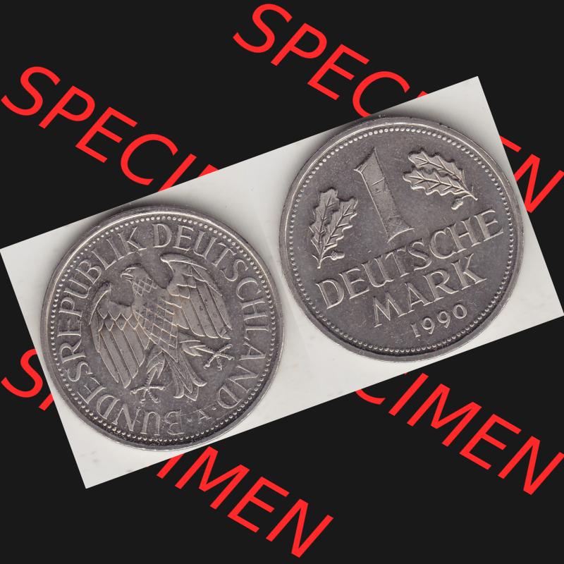 BRD Münzen 1 Deutsche Mark, Umlaufmünze 1990-2001, 1 Deutsche Mark 1990 A-2. Münzen-Rückseite und Münzen-Vorderseite als Vollansicht einer 1 DM, 1 Deutsche... Sammlung