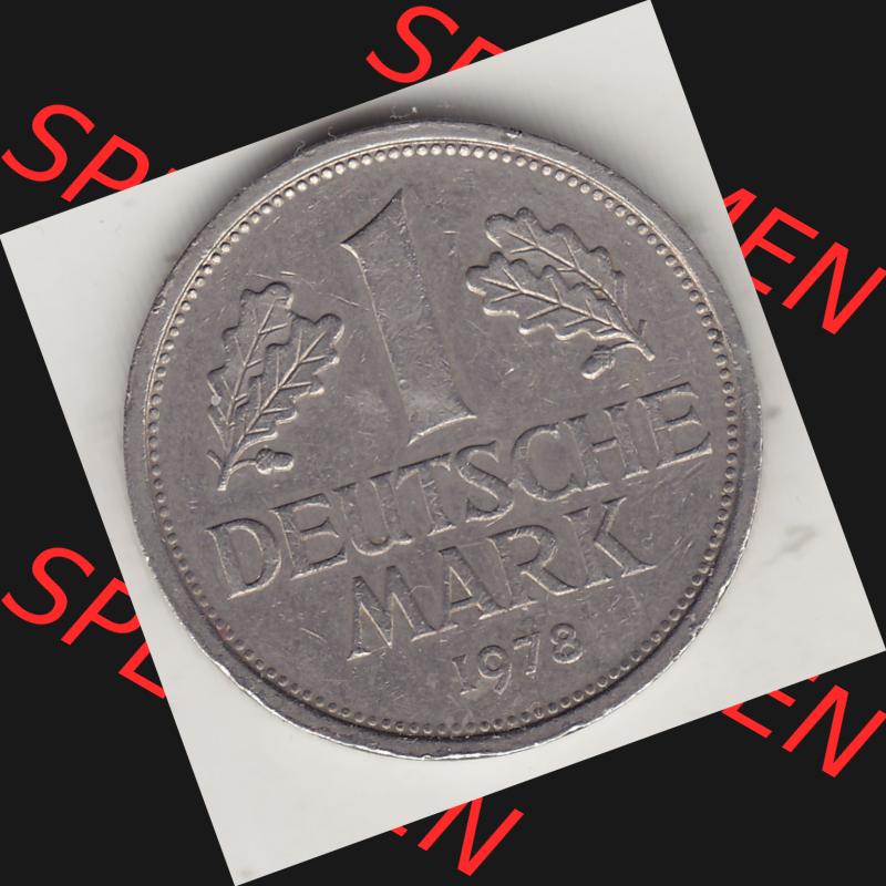 BRD Münzen 1 Deutsche Mark, Umlaufmünze 1950-2001, 1 DM Deutsche Mark, 1978 G-1. Münzen-Rückseite mit Nennwert / Nominalwert / Wert-Zahl einer 1 DM,... Sammlung