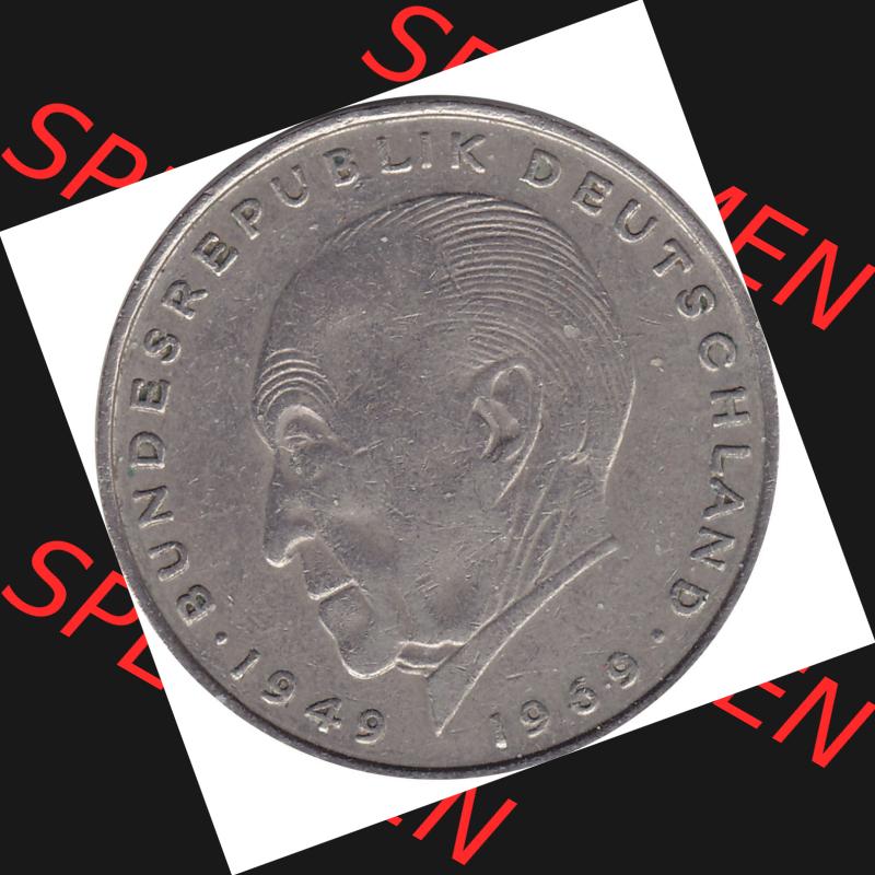 BRD Münzen 2 DM, Gedenkmünze 1969-1987, 2 DM, Deutsche Mark Münze mit Konrad Adenauer aus Deutschland 1972 D-1. Rückseite mit Wert-Zahl von 5 DM einer Deutschen... Sammlung