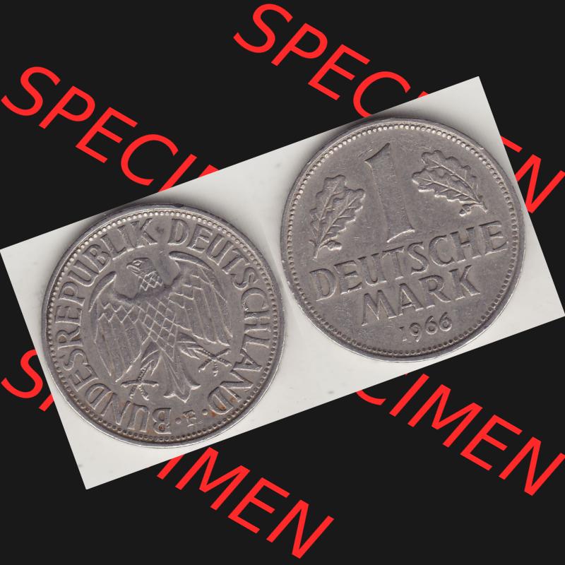 BRD Münzen 1 Deutsche Mark, Umlaufmünze 1950-2001, 1 DM Deutsche Mark, 1966 F-1. Münzen-Rückseite und Münzen-Vorderseite als Vollansicht einer 1 DM,... Sammlung
