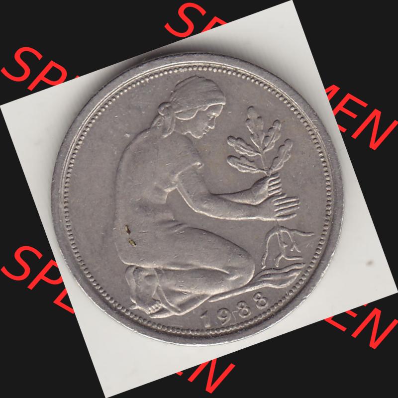 BRD Münzen 50 Pf. Umlaufmünze 1950-2001, 50 Pfennig BRD Deutschland 1988 J-1. Vorderseite der digitalisierte 50 Pfennig J, mit Mzz. J für Hamburg aus der... Sammlung