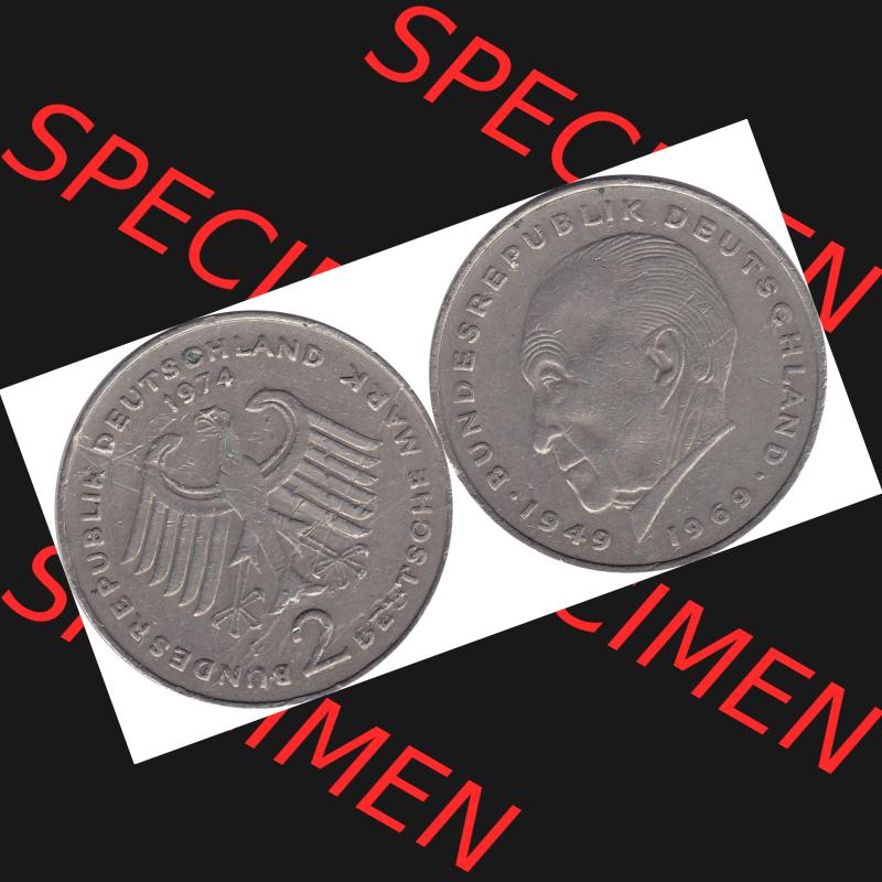 BRD Münzen 2 DM, Gedenkmünze 1969-1987, 2 DM, Deutsche Mark Münze mit Konrad Adenauer aus Deutschland 1974 F-1. Vorderseite und Rückseite mit Wert-Zahl einer... Sammlung