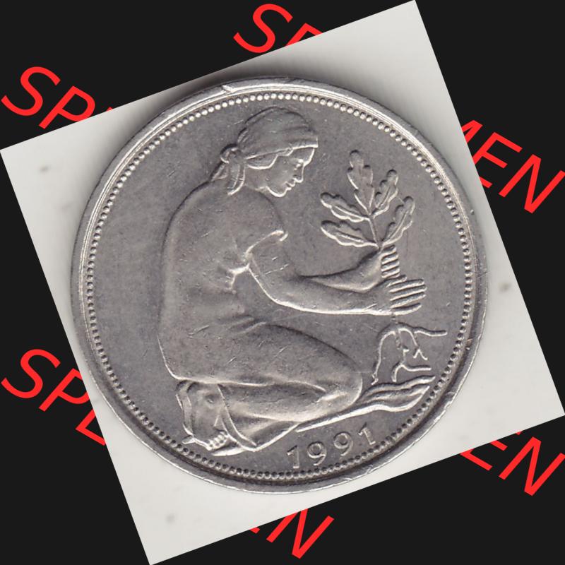 BRD Münzen 50 Pf. Umlaufmünze 1950-2001, 50 Pfennig BRD Deutschland 1991 F-1. Vorderseite der digitalisierte 50 Pfennig F, mit Mzz. F für Stuttgart aus der... Sammlung