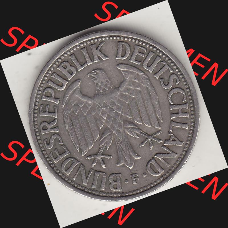 BRD Münzen 1 Deutsche Mark, Umlaufmünze 1950-2001, 1 DM Deutsche Mark, 1950 F-3. Vorderseite einer 1 DM, 1 Deutsche Mark F, Mzz. F für Stuttgart... Sammlung