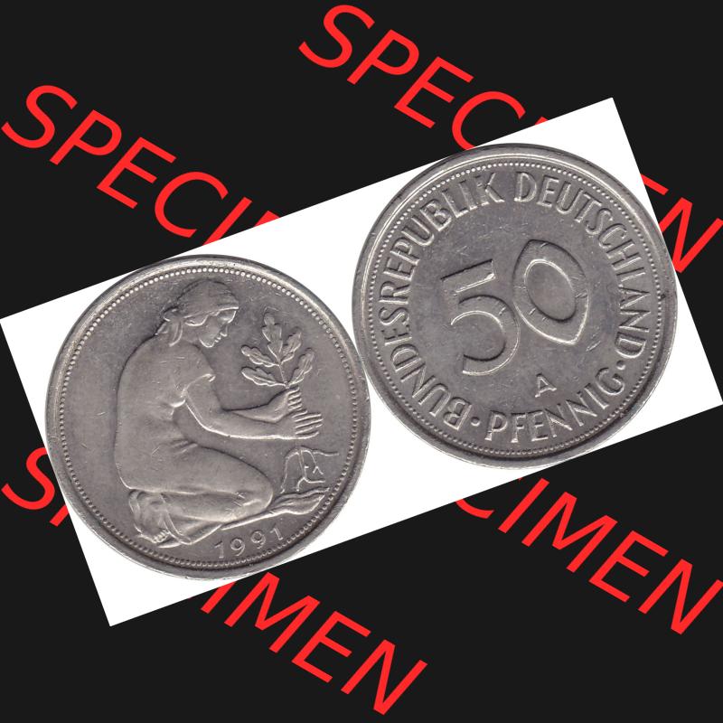 BRD Münzen 50 Pf. Umlaufmünze 1990-2001, 50 Pfennig BRD Deutschland 1991 A-1. Vorderseite und Rückseite mit Wert-Zahl einer 50 Pfennig Münze der DM-Währung... Sammlung