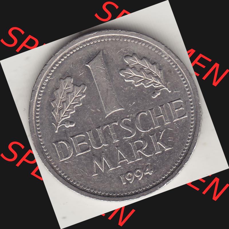 BRD Münzen 1 Deutsche Mark, Umlaufmünze 1950-2001, 1 DM Deutsche Mark, 1994 J-1. Münzen-Rückseite mit Nennwert / Nominalwert / Wert-Zahl einer 1 DM,... Sammlung