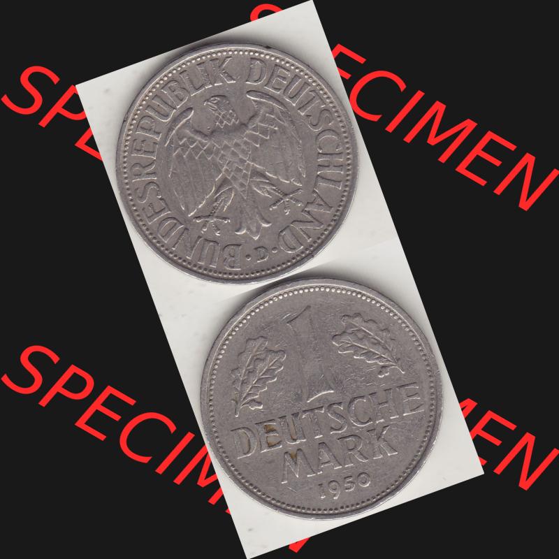 BRD Münzen 1 DM, Umlaufmünze 1950-2001, 1 DM Deutsche Mark, 1950 D-4. Münzen-Rückseite und Münzen-Vorderseite vertikal untereinander als Vollansicht für... Sammlung
