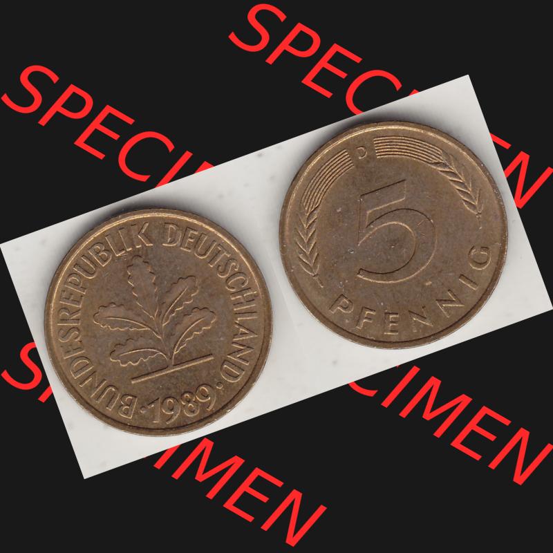 BRD Münzen 5 Pf., Umlaufmünze 1950-2001, 5 Pfennig, 1989 D-2. Vorderseite und Rückseite zusammen auf einen Bild / Foto für Desktop-Computer einer... Sammlung