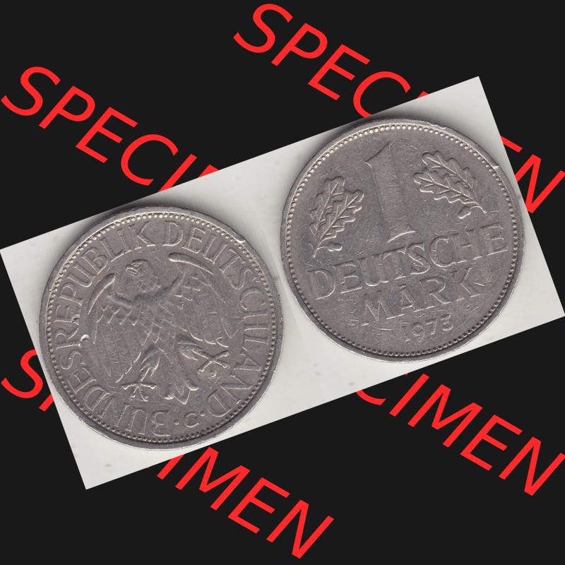 BRD Münzen 1 Deutsche Mark, Umlaufmünze 1950-2001, 1 DM Deutsche Mark, 1973 G-1. Münzen-Rückseite und Münzen-Vorderseite als Vollansicht einer 1 DM,... Sammlung