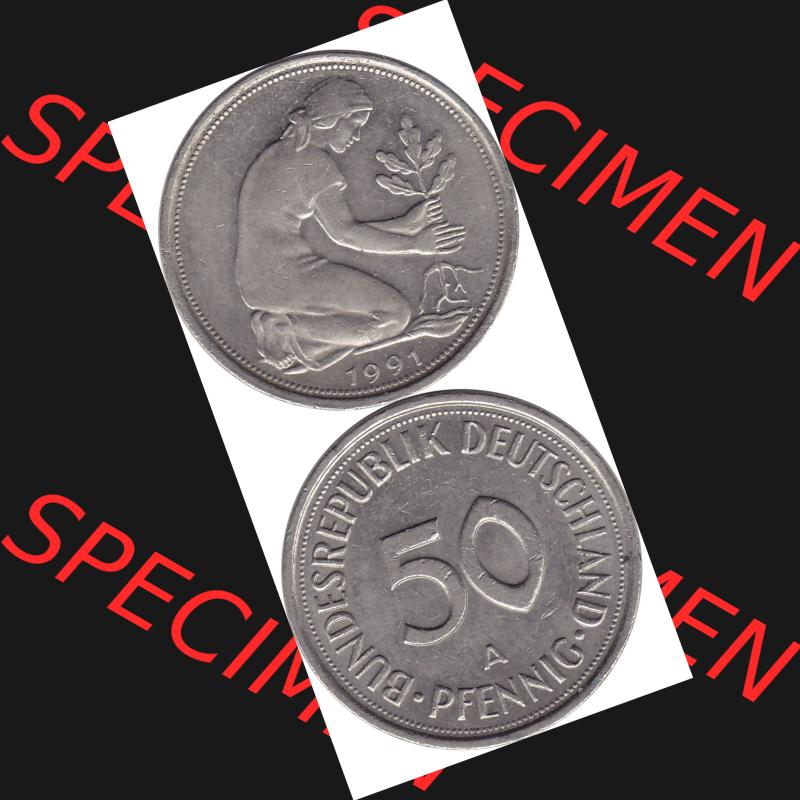 BRD Münzen 50 Pf. Umlaufmünze 1990-2001, 50 Pfennig BRD Deutschland 1991 A-1. Vorderseite und Rückseite mit Wert-Zahl eine 50 Pfennig Münze der ehemaligen DM-Währung... Sammlung