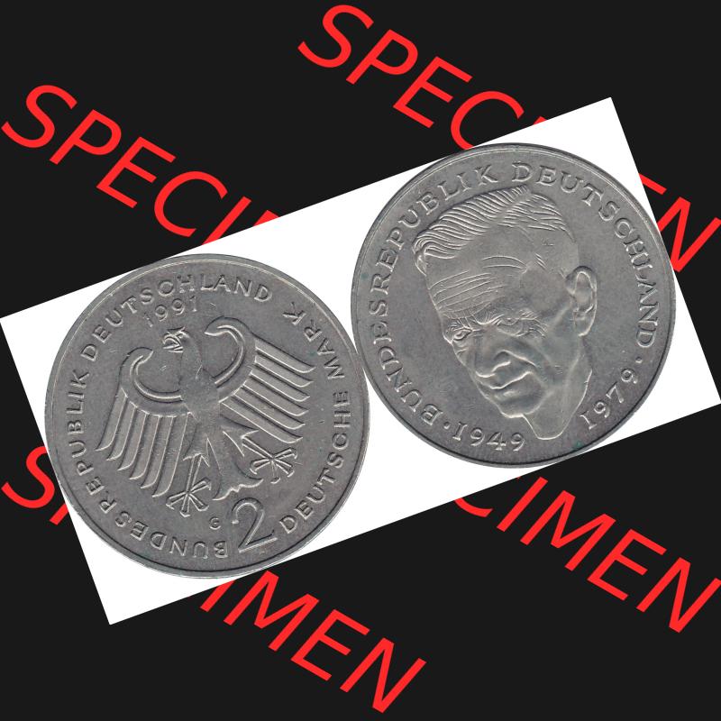 BRD Münzen 2 DM, Gedenkmünze 1979-1993, 2 DM, Deutsche Mark Kurt Schumacher Deutschland 1991 G-1. Vorderseite und Rückseite mit Wert-Zahl einer 2 DM Kurt Schumacher... Sammlung