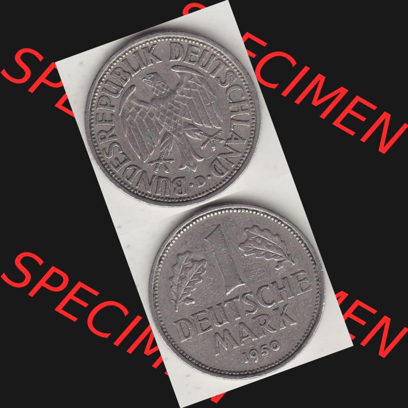 BRD Münzen 1 DM, Umlaufmünze 1950-2001, 1 DM Deutsche Mark, 1950 D-3. Münzen-Rückseite und Münzen-Vorderseite vertikal untereinander als Vollansicht für... Sammlung