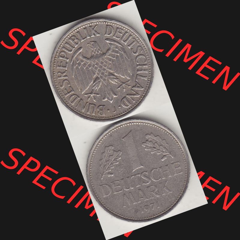 BRD Münzen 1 Deutsche Mark, Umlaufmünze 1950-2001, 1 DM Deutsche Mark, 1971 J-1. Münzen-Rückseite und Münzen-Vorderseite vertikal untereinander als Vollansicht... Sammlung