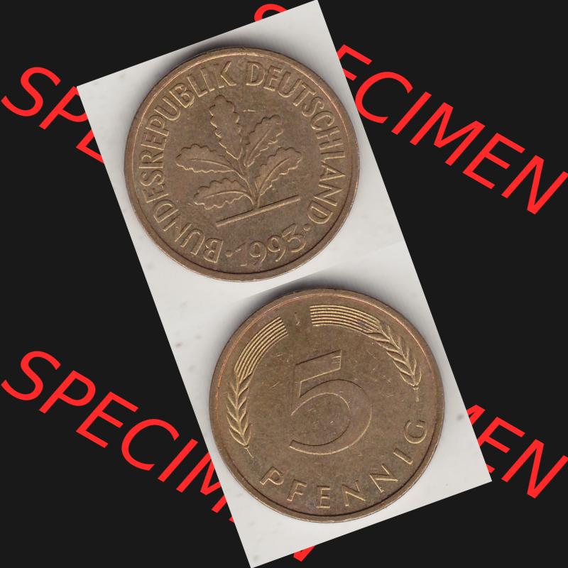 BRD Münzen 5 Pf., Umlaufmünze 1950-2001, 5 Pfennig, 1993 J-1. Vorderseite und Rückseite vertikal untereinander zusammen auf einen Bild / Foto für... Sammlung