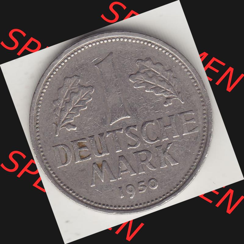 BRD Münzen 1 DM, Umlaufmünze 1950-2001, 1 DM Deutsche Mark, 1950 D-4. Münzen-Rückseite mit Nennwert / Nominalwert / Wert-Zahl einer 1 DM, 1 Deutsche... Sammlung