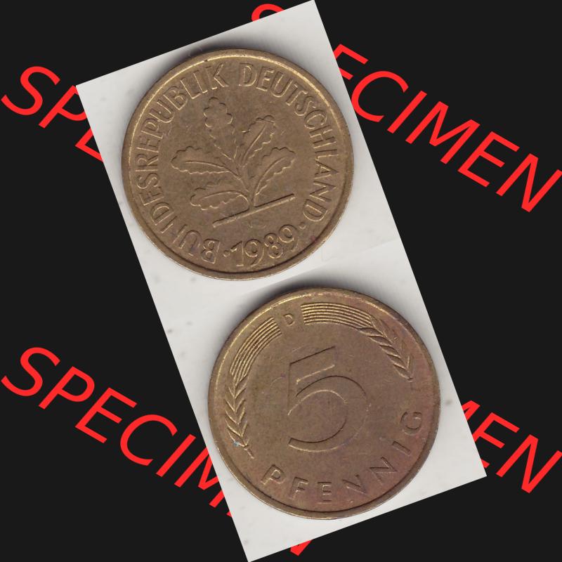 BRD Münzen 5 Pf., Umlaufmünze 1950-2001, 5 Pfennig, 1989 D-1. Vorderseite und Rückseite vertikal untereinander zusammen auf einen Bild / Foto für... Sammlung