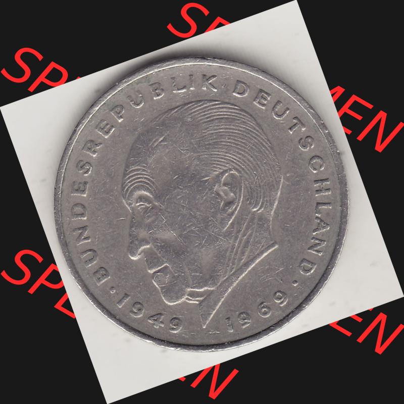 BRD Münzen 2 DM, Gedenkmünze 1969-1987, 2 DM, Deutsche Mark Konrad Adenauer 1971 F-1. Rückseite einer 2 DM, 2 Deutsche Mark F Gedenkmünze, Mzz.... Sammlung