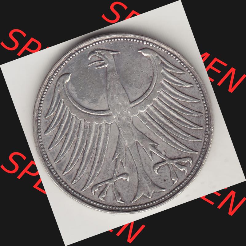 BRD Münzen Silbermünze 1951-1974, 5 DM, 5 Deutsche Mark Silberadler, Heiermann 1951 J-1. Vorderseite einer Silbermünze 5 DM, 5 Deutsche Mark in Silber - Münze... Sammlung