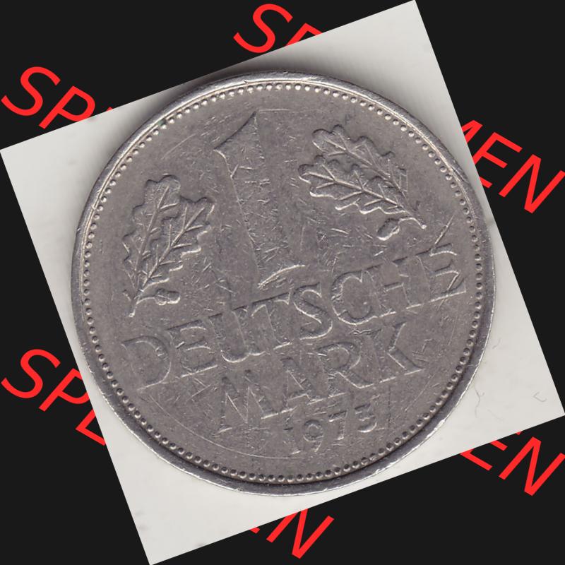 BRD Münzen 1 Deutsche Mark, Umlaufmünze 1950-2001, 1 DM Deutsche Mark, 1973 D-1. Münzen-Rückseite mit Nennwert / Nominalwert / Wert-Zahl einer 1 DM,... Sammlung
