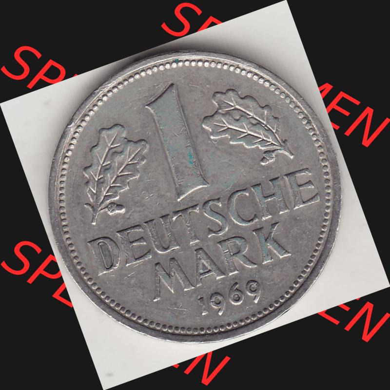 BRD Münzen 1 Deutsche Mark, Umlaufmünze 1950-2001, 1 DM Deutsche Mark, 1969 D-1. Münzen-Rückseite mit Nennwert / Nominalwert / Wert-Zahl einer 1 DM,... Sammlung