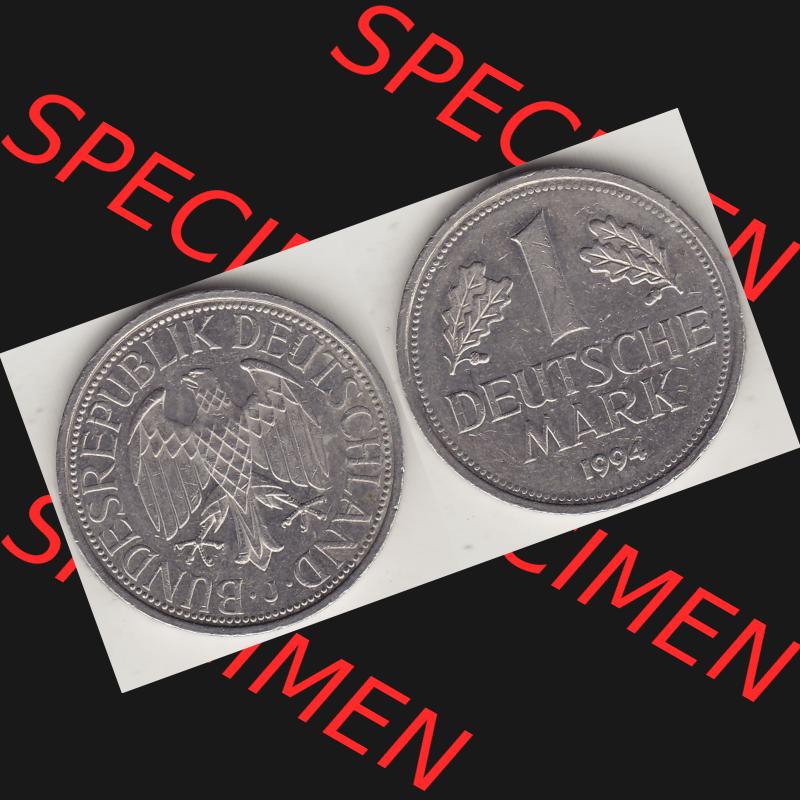 BRD Münzen 1 Deutsche Mark, Umlaufmünze 1950-2001, 1 DM Deutsche Mark, 1994 J-1. Münzen-Rückseite und Münzen-Vorderseite als Vollansicht einer 1 DM,... Sammlung