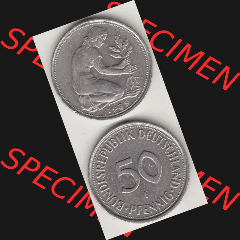 BRD Münzen 50 Pf. Umlaufmünze 1950-2001, 50 Pfennig BRD Deutschland 1989 F-1. Vorderseite und Rückseite auf einen Bild / Foto vertikal untereinander zusammengefügt,... Sammlung