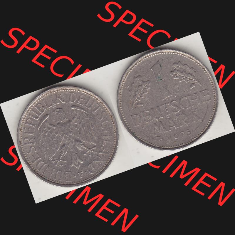 BRD Münzen 1 Deutsche Mark, Umlaufmünze 1950-2001, 1 DM Deutsche Mark, 1973 F-3. Münzen-Rückseite und Münzen-Vorderseite als Vollansicht einer 1 DM,... Sammlung