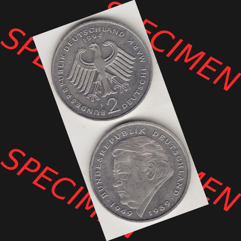 BRD Münzen 2 DM, Gedenkmünze 1990-2001, 2 DM, Deutsche Mark Franz Josef Strauß 1994 F-1. Vorderseite und Rückseite einer Münze auf einen Bild / Foto,... Sammlung