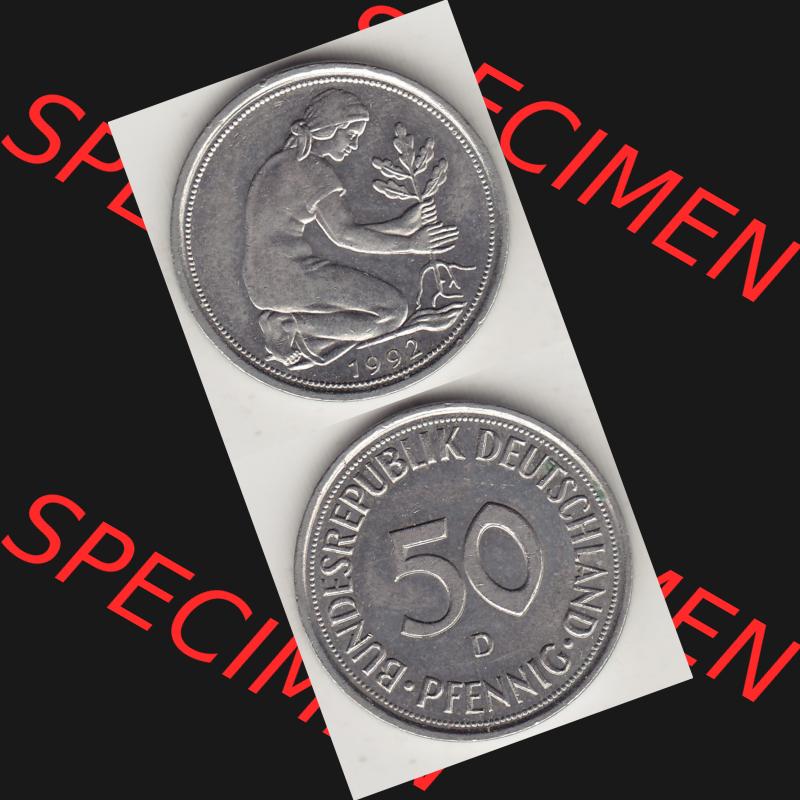 BRD Münzen 50 Pf. Umlaufmünze 1950-2001, 50 Pfennig Münze aus Deutschland 1992 D-1. Vorderseite und Rückseite auf einen Bild / Foto vertikal untereinander zusammengefügt,... Sammlung
