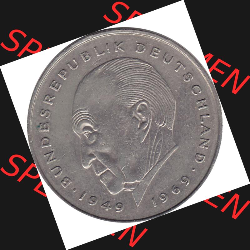 BRD Münzen 2 DM, Gedenkmünze 1969-1987, 2 DM, Deutsche Mark Münze mit Konrad Adenauer aus Deutschland 1983 G-1. Rückseite mit Wert-Zahl von 2 DM Gedenkmünze... Sammlung