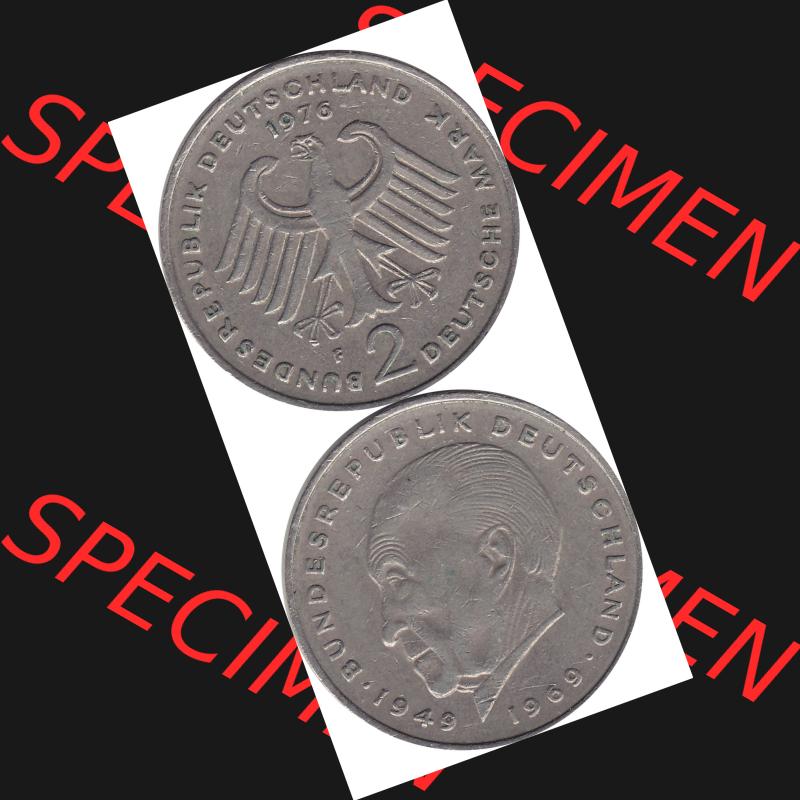 BRD Münzen 2 DM, Gedenkmünze 1969-1987, 2 DM, Deutsche Mark Münze mit Konrad Adenauer aus Deutschland 1976 F-1. Vorderseite und Rückseite mit Wert-Zahl eine... Sammlung