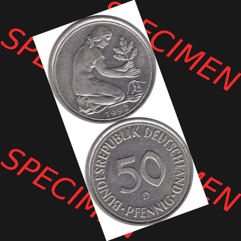 BRD Münzen 50 Pf. Umlaufmünze 1950-2001, 50 Pfennig BRD Deutschland 1992 München mit Mzz. D-1. Vorderseite und Rückseite mit Wert-Zahl eine 50 Pfennig Münze... Sammlung