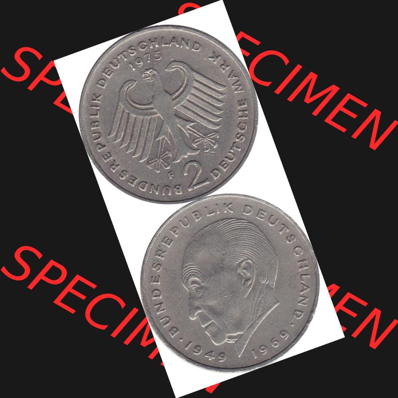 BRD Münzen 2 DM, Gedenkmünze 1969-1987, 2 DM, Deutsche Mark Münze mit Konrad Adenauer aus Deutschland 1975 F-1. Vorderseite und Rückseite mit Wert-Zahl eine... Sammlung